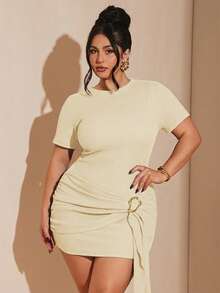 SHEIN BAE Vestido de manga corta marrón con botones de metal dorado para mujer de talla grande, vestido de playa y vacaciones de verano - Albaricoque - Ver 3