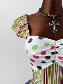 Sunspun Plus Size Colorful Striped & Polka Dot Patchwork Shirt, Spring/Summer - Multicolor - View 4