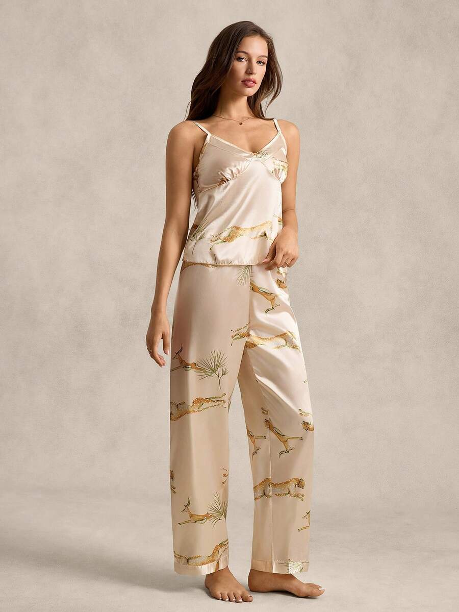 EverLounge 女士动物纹吊带背心和裤子休闲家居服睡衣套装 - 香檳色 - 查看 1