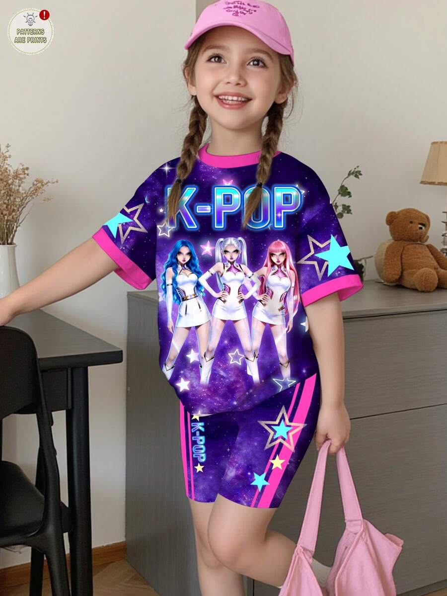 SHEIN 2件套少女休闲卡通印花圆领短袖T恤短裤套装,适合夏季穿着 - 彩色 - 查看 1