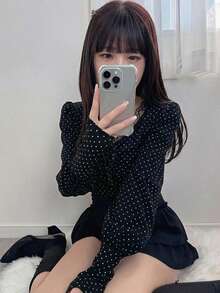 FRIFUL Women's Casual Polka Dot Print Long Sleeve T-Shirt, Suitable For Spring And Autumn Summer - Black - View 4