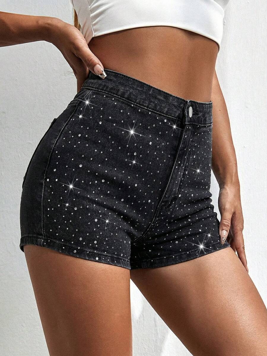 SHEIN ICON 夏季穿搭 高腰紧身牛仔短裤 - 黑色 - 查看 1
