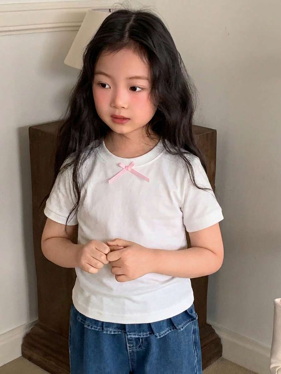 DAZY 女童圆领条纹短袖休闲T恤,秋夏季 - 白色 - 查看 1
