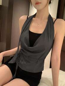 DAZY 女士纯色系带露背休闲度假叠穿背心，夏季 - 深灰色 - 查看 6