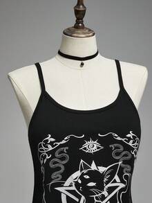 ROMWE Women's Vintage Dark Gothic Mysterious Black Cat Astrology Pattern Asymmetrical Hem A-Line Long Camisole Top - Black - View 4