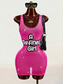 Mistrie 女士闪亮细节透明水晶吊带裙，撞色标语印花时尚，性感炸弹 - 玫紅色 - 查看 4