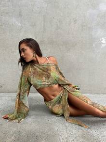 Aloruh 女士春夏新款两件套，提花纹理面料披肩上衣搭配裹身式迷你裙，沙滩/度假装 - 綠色 - 查看 8