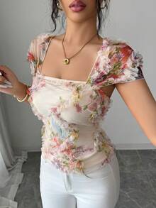 Elenzga Áo kiểu nữ thanh lịch, tinh tế, xếp lớp, viền bèo nhún, thích hợp cho các bữa tiệc, hẹn hò, mua sắm và các dịp khác, mùa xuân/hè. - Màu be - Xem 6