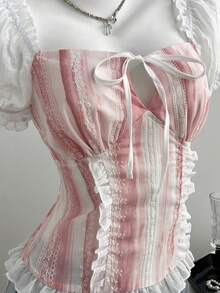 Elamini Áo sơ mi nữ thắt eo in họa tiết dễ thương, mới, thích hợp cho kỳ nghỉ thường ngày, đi làm, màu hồng nữ tính. - Hồng - Xem 5