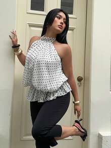 Sunnyshic Blusa sexy sin mangas de halter de gasa con lunares - Blanco - Ver 5