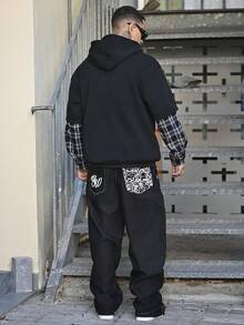 Devon Thys 男士字母印花口袋宽松阔腿休闲牛仔裤 - 黑色 - 查看 5