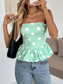 zorvine Áo quây nữ chấm bi dáng peplum thời trang - màu xanh lá - Xem 6