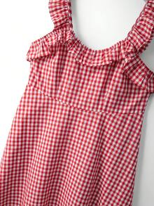 GlowEve CURVE Plus Size Elegant Red And White Gingham A-Line Dress,Summer 1920s Flapper Picnic Style,Ruffle Strap Fitted Waist Plaid Dress For Ladies - Multicolor - View 4