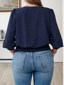 Comfylo 大码休闲纯色泡泡袖上衣新款女士服装假日服装夏季服装女士度假服装情人节服装 - 藍色 - 查看 2