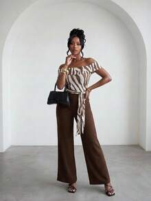 Slaydiva Brown Striped Summer Elegant Night Out Women's Jumpsuit,One-Shoulder Zebra Pattern Patchwork Wide-Leg Pants,Bow Tie Waist Casual Party Office Outfits - Brown - View 10