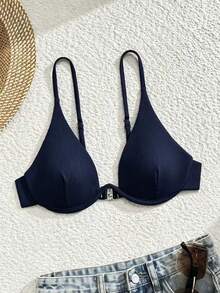 Swim Vcay Top de bikini de unicolor con aros para mujer, adecuado para vacaciones de verano en la playa - Azul Marino - Ver 6