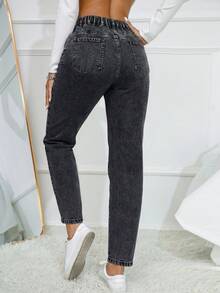 EMERY ROSE Plus Size Women Casual Denim Jeans With Button Front Pockets - Black - View 2