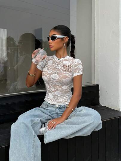 Muchica Solid Color Round Neck Short Sleeve Fitted Lace Sheer Summer Top, Summer Casual Women Spring And Summer Casual Vacation Country Boho Wear,Beach Outfits For Women,Summer Outfit For Women ,Work Outfits For Women,   Casual Blouses For Women ,Sporty Top,Women Lace Top Womens Lace Top White Lace Top Sheer Lace Top