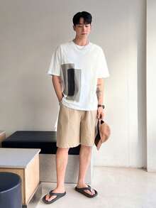 DAZY Camiseta de hombre de algodón con bloqueo de color y hombros caídos, camisetas estampadas - Blanco - Ver 6