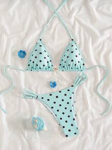 Bonvoyette Bộ bikini hở lưng màu xanh bạc hà in hoa dành cho nữ, đồ bơi hai mảnh gợi cảm kiểu yếm cổ cho kỳ nghỉ biển, mùa xuân/hè. - màu xanh lá - Xem 3