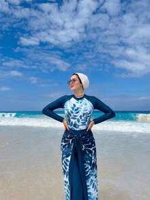 Swim Mulvari Women's Leaf Print Long Sleeve Jumpsuit, Burkini Swimsuit And Skirt Set, Suitable For Spring/Summer, Beach, Party - Blue - View 3