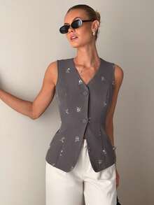 Lavishia Women's Gray Beaded Vest, Luxury Elegant Fashionable Waistcoat For Outing, Party, Wedding Season,Summer Top - Grey - View 7