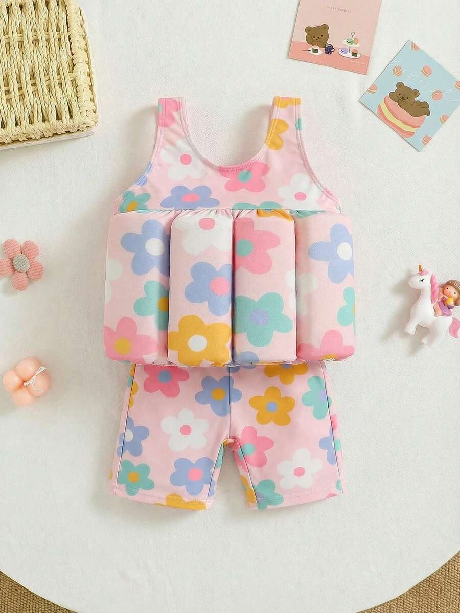 SHEIN 女童针织彩虹独角兽图案无袖连体泳衣 - 粉色 - 查看 1