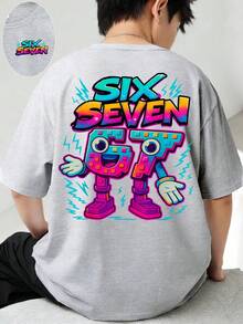 SHEIN Streecool Kids 春夏休闲时尚创意个性清新简约数字67卡通闪电标语印花舒适基础款短袖T恤，温暖的夏秋款式，适合春、夏、秋季穿着，男童款 - 灰色 - 查看 3
