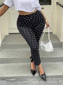 Solflare 大码波点休闲修身裤，饰有蝴蝶结，百搭 - 黑與白 - 查看 3