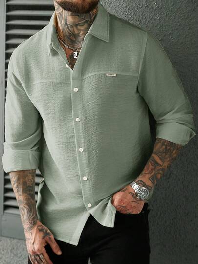 Manfinity CasualCool Áo sơ mi nam dài tay, màu trơn, tối giản, chất liệu có họa tiết, cài cúc phía trước, kiểu dáng thường ngày.