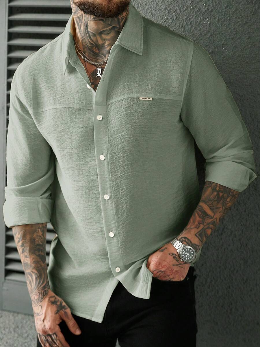 Manfinity CasualCool Men's Solid Color Minimalist Textured Front Button Long Sleeve Casual Shirt - Green - View 1