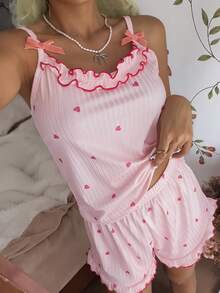 CottageSlumber Women's Pajama Set With Ribbed Fabric, Ruffle Trim, Bow Accent, And Heart Decor Camisole And Shorts - Pink - View 7