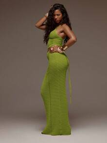 MUSERA Crochet Knit Fitted Cami Top And Maxi Skirt Set Co-Ord Spring Summer Holiday Vacation Beach Ibiza Festival Party Elegant Divinity - Green - View 4