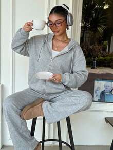 SHEIN Muchic Women's Grey Knit Zip-Up Drawstring Hooded Sweatshirt And Pants Set Loungewear Women Comfortable Two Piece Set Comfy Set Lounge Wear Lounge Set - Grey - View 1