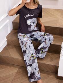 SHEIN Bộ đồ mặc nhà và dã ngoại thường ngày dành cho nữ, in hình gấu Koala ngộ nghĩnh. - màu đen - Xem 5