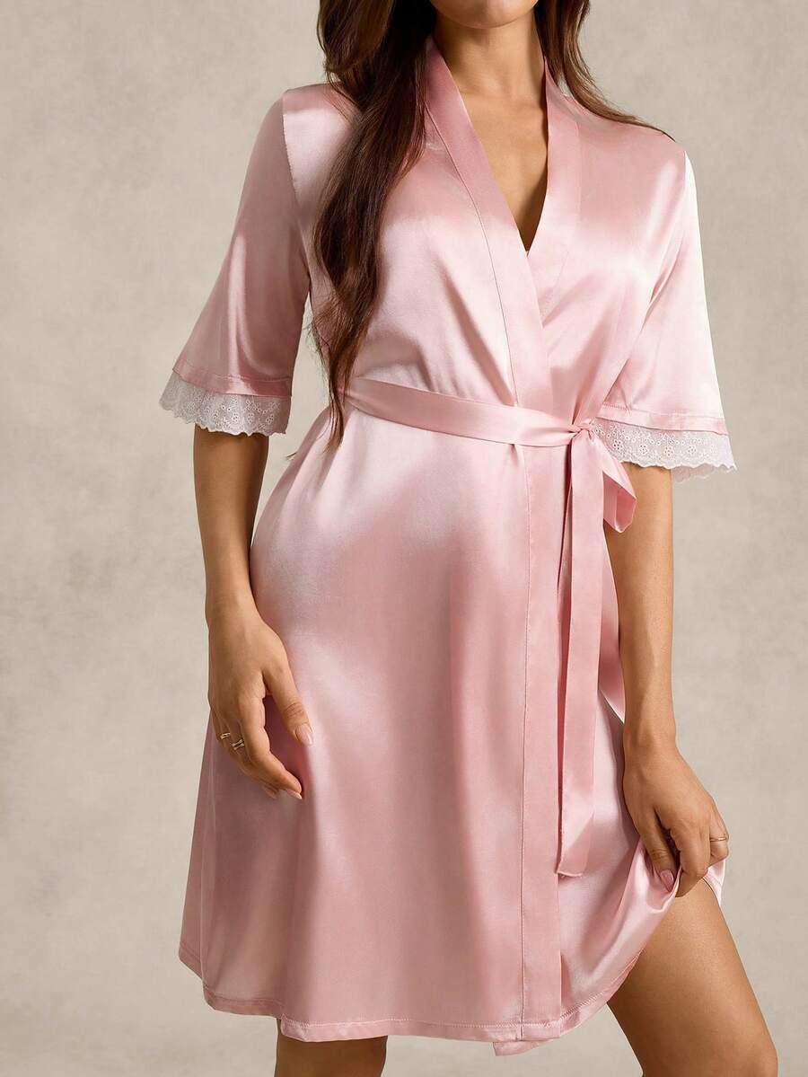 EverLounge Women's Elegant Charmeuse & Lace Cinched Waist Robe, Summer - Pink - View 1