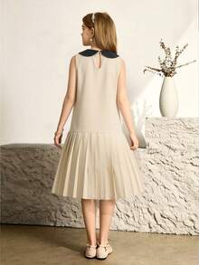 SHEIN Girls' Elegant Colorblock Ruffle Bow Decor Textured Fabric Dress,Beige,Summer,School,Back-To-School Pleated Skirt For Graduation Tea Party Events - Khaki - View 2