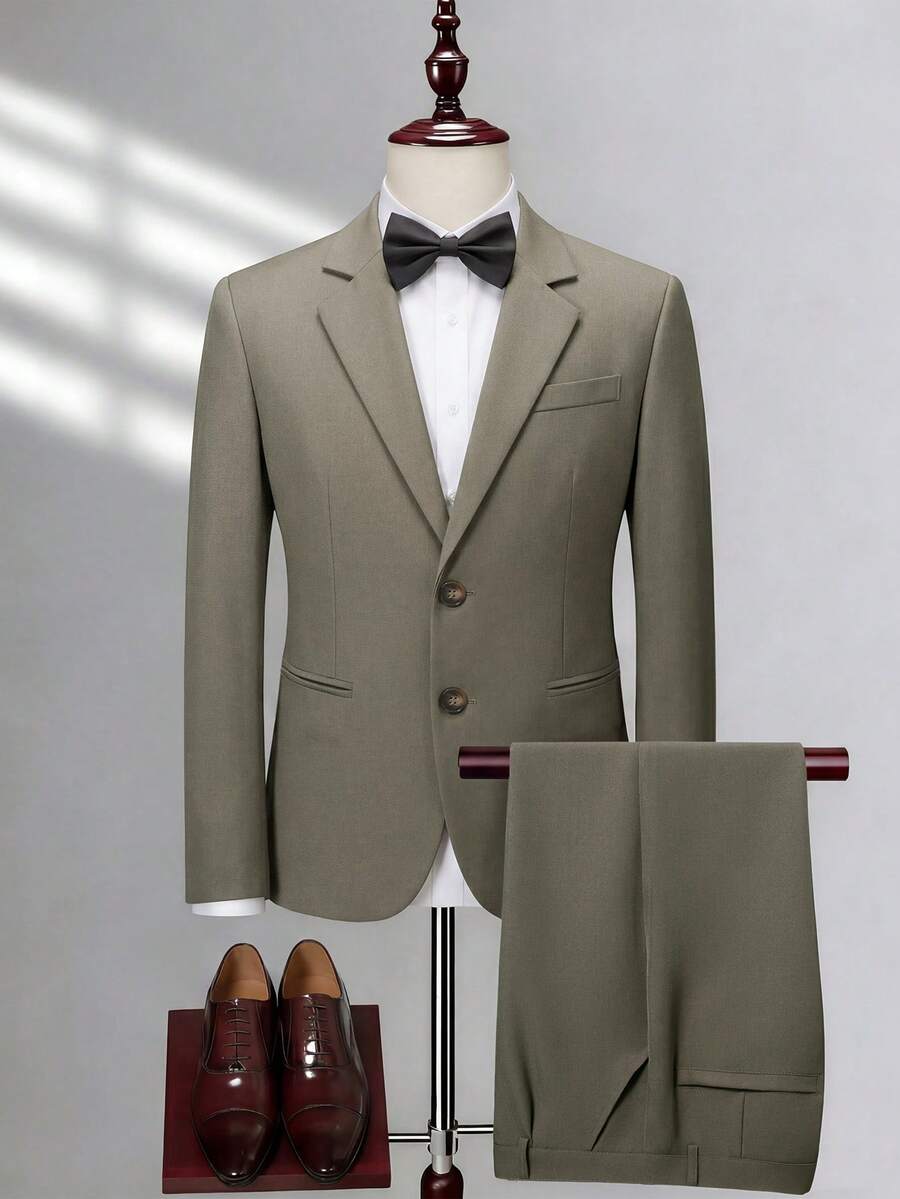 SUMWON Classic Two Piece Business Suit Set With Notched Lapel Blazer And Matching Dress Pants For Professional Wedding Formal Occasions, Mans Suit, Work Suits For Men - Khaki - View 1