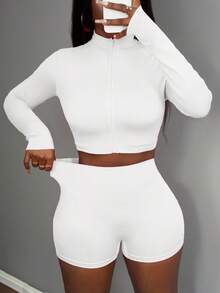 Slaydiva Bộ 3 món dành cho nữ, gồm áo thun dài tay ôm sát cổ cao, khóa kéo nửa thân, áo croptop không tay và quần short thể thao, thích hợp cho mùa hè. - trắng - Xem 6