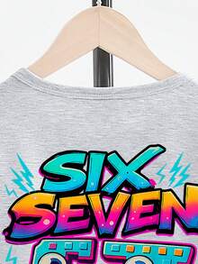SHEIN Streecool Kids 春夏休闲时尚创意个性清新简约数字67卡通闪电标语印花舒适基础款短袖T恤，温暖的夏秋款式，适合春、夏、秋季穿着，男童款 - 灰色 - 查看 5