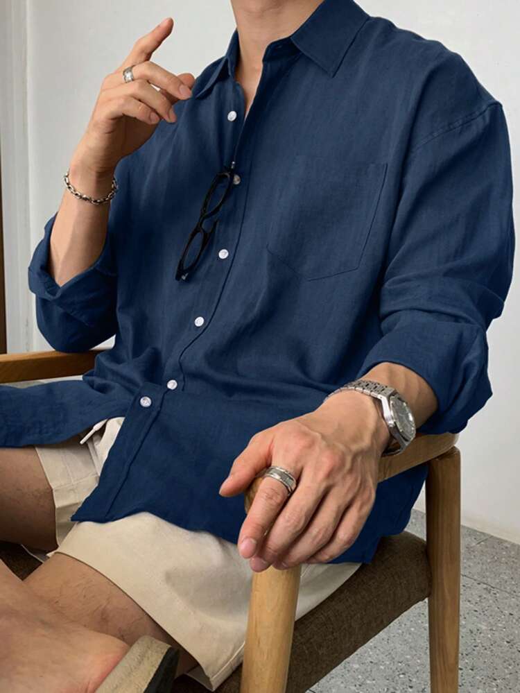 Navy Blue Long Sleeve Formal Shirt For Men, Spring