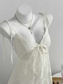 Elamini 女士蕾丝拼接系带Y2K连衣裙 - 杏色 - 查看 5