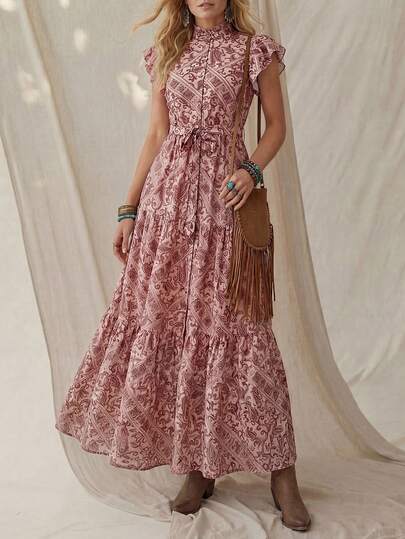 Wildy 波西米亚风休闲西部乡村图案女士夏季基本款通勤短袖系带长裙