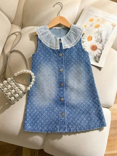 Girls (Small) Denim Sleeveless Dress, Soft Cotton Washed Fabric, A-Line Silhouette, Peter Pan Collar With Delicate Lace Trim, Front Button Closure, Casual Fashionable Jacquard Design Blue Washed Denim Dress