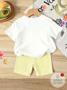 Souflis Souflis Girls' Sweet & Cool Knight Print Short Sleeve Top T-Shirt + Yellow Striped Shorts 2pcs Set, Children Summer Casual Outfit - Multicolor - View 3