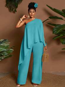 Maweii 2pcs/Set Asymmetric Hem Loose Yellow Casual Vacation Commute Plus Size Top & Shorts Set, Spring/Summer/Autumn Fall - Blue - View 1