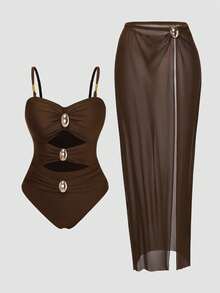 Swim Oasis 2026 Plus Size High-End Swimsuit Set Coffee Brown Solid Color Flattering Versatile Bowknot Ruched Decor + Rhinestone Buckle Elevates Quality Front Cutout Design Sexsy Yet Subtle High-Waist Cut Flatters Waist Hips Matching Sheer High-Slit Sarong Skirt Elongates Legs One-Piece Swimwear For Beach Holiday Holiday, Pool, Spa Photo Shoot Outfits For Women Sets Two Piece Set Women Corset Two Piece Latest Outfit For Women One Set Women Outfit Body Outfit Holiday Summer - Brown - View 1