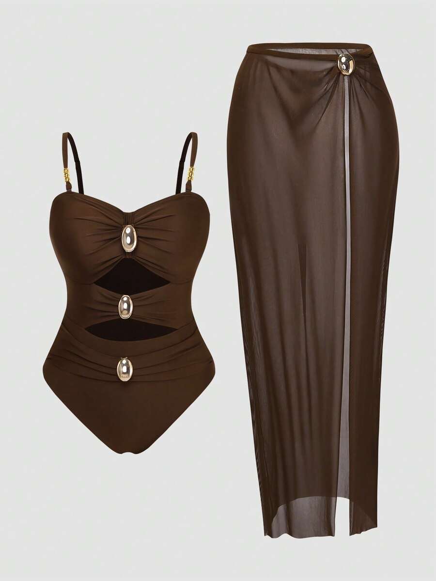 Swim Oasis 2026 Plus Size High-End Swimsuit Set Coffee Brown Solid Color Flattering Versatile Bowknot Ruched Decor + Rhinestone Buckle Elevates Quality Front Cutout Design Sexsy Yet Subtle High-Waist Cut Flatters Waist Hips Matching Sheer High-Slit Sarong Skirt Elongates Legs One-Piece Swimwear For Beach Holiday Holiday, Pool, Spa Photo Shoot Outfits For Women Sets Two Piece Set Women Corset Two Piece Latest Outfit For Women One Set Women Outfit Body Outfit Holiday Summer - Brown - View 1