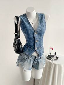 SHEIN Women's All-Over Print Single-Breasted Casual Versatile Daily Wear Denim Vest Jacket - Blue - View 6