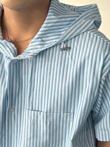 DAZY Men's Striped Blue Hooded Short Sleeve Button-Up Shirt, Summer - Blue - View 5